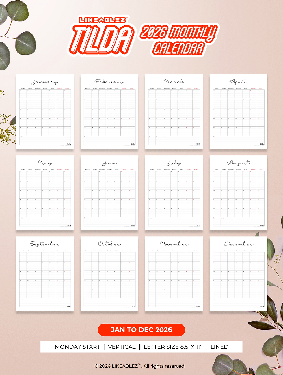 Thumbnail: 2026 Printable Calendar (Letter | Vertical) - Tilda