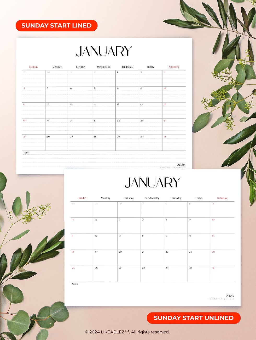 Thumbnail: 2026 Printable Calendar (Letter | Horizontal) - Mira