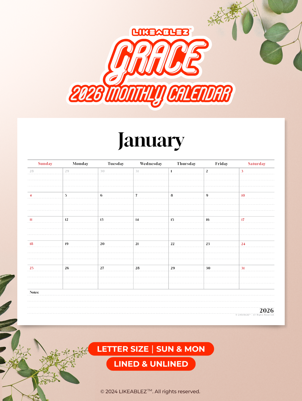 2026 Printable Calendar (Letter | Horizontal ) - Grace