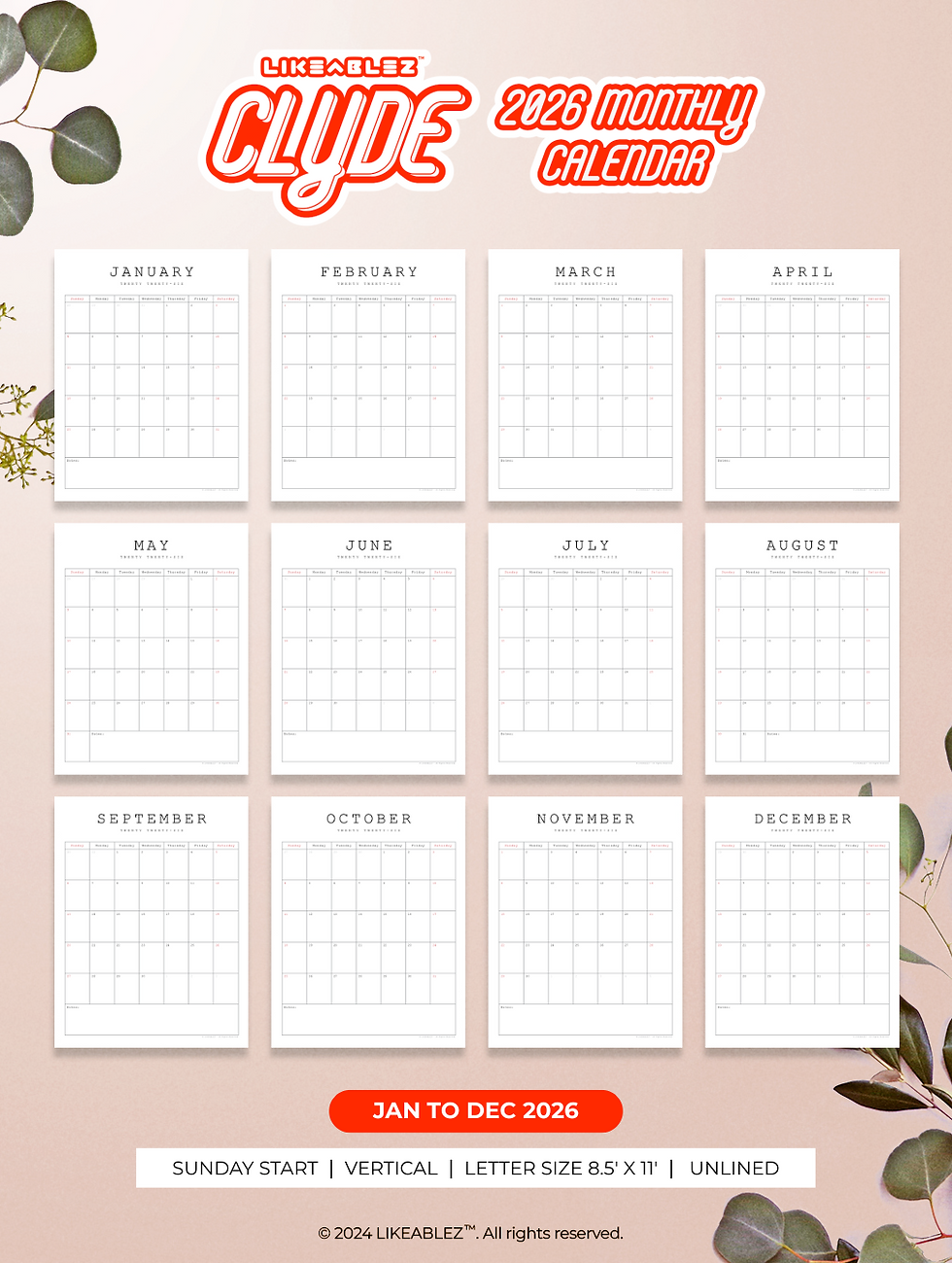 Thumbnail: 2026 Printable Calendar (Letter | Vertical) - Clyde