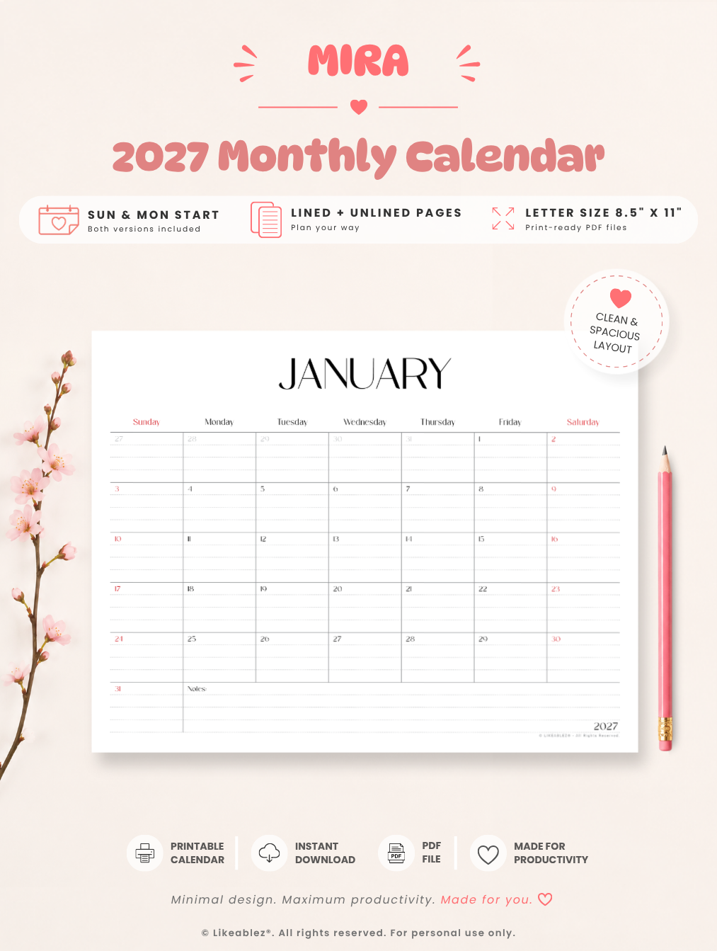 2027 Printable Calendar (Letter | Horizontal) - Mira
