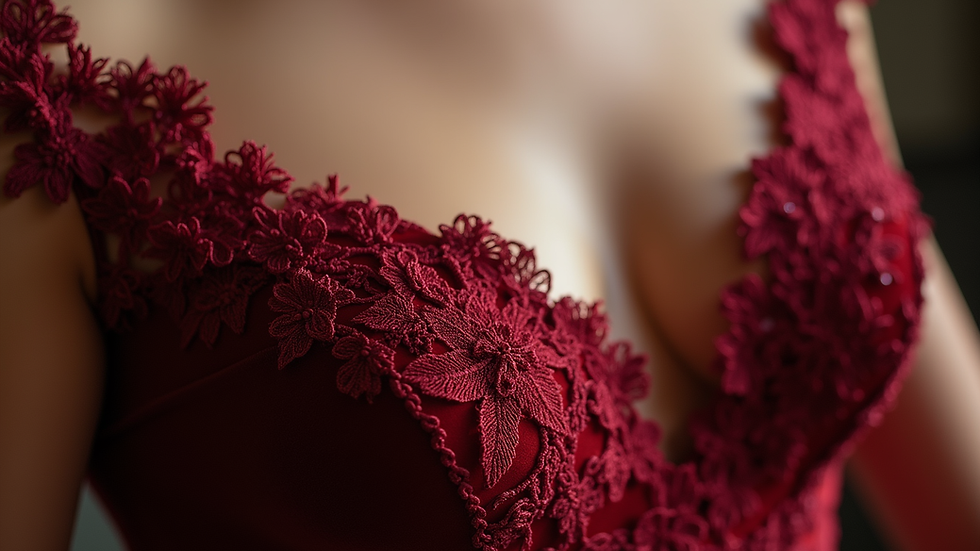 Close-up view of a velvet formal evening gown with intricate lace details