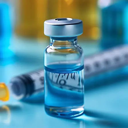 Vial of blue liquid with syringe, B12 Injections 1000mcg - Monthly Plan for wellness.