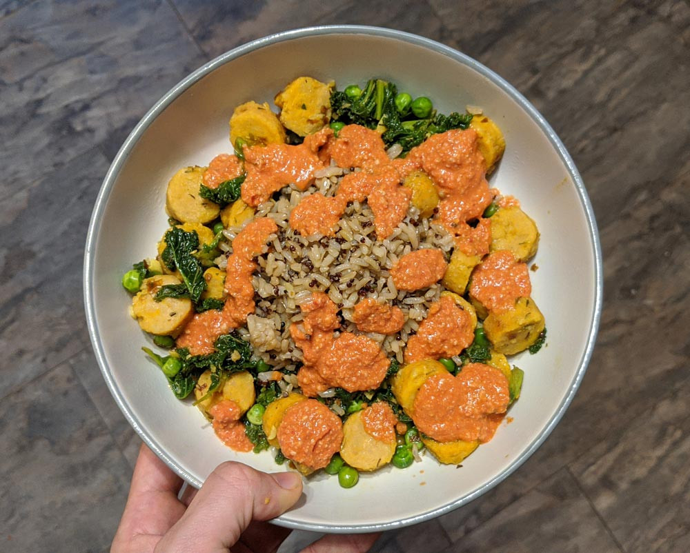 Turmeric sausages with sweet garlic sauce