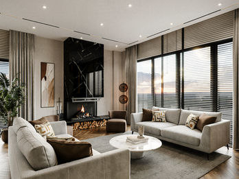Modern villa salonu iç mekan render — mermer şömineli, balıksırtı parkeli oturma odası görselleştirmesi