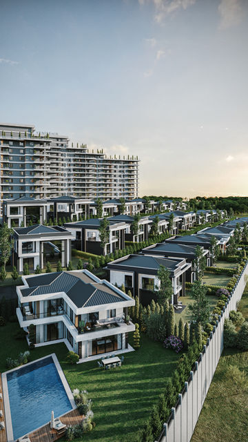 Konut sitesi kuşbakışı render mimari görselleştirme