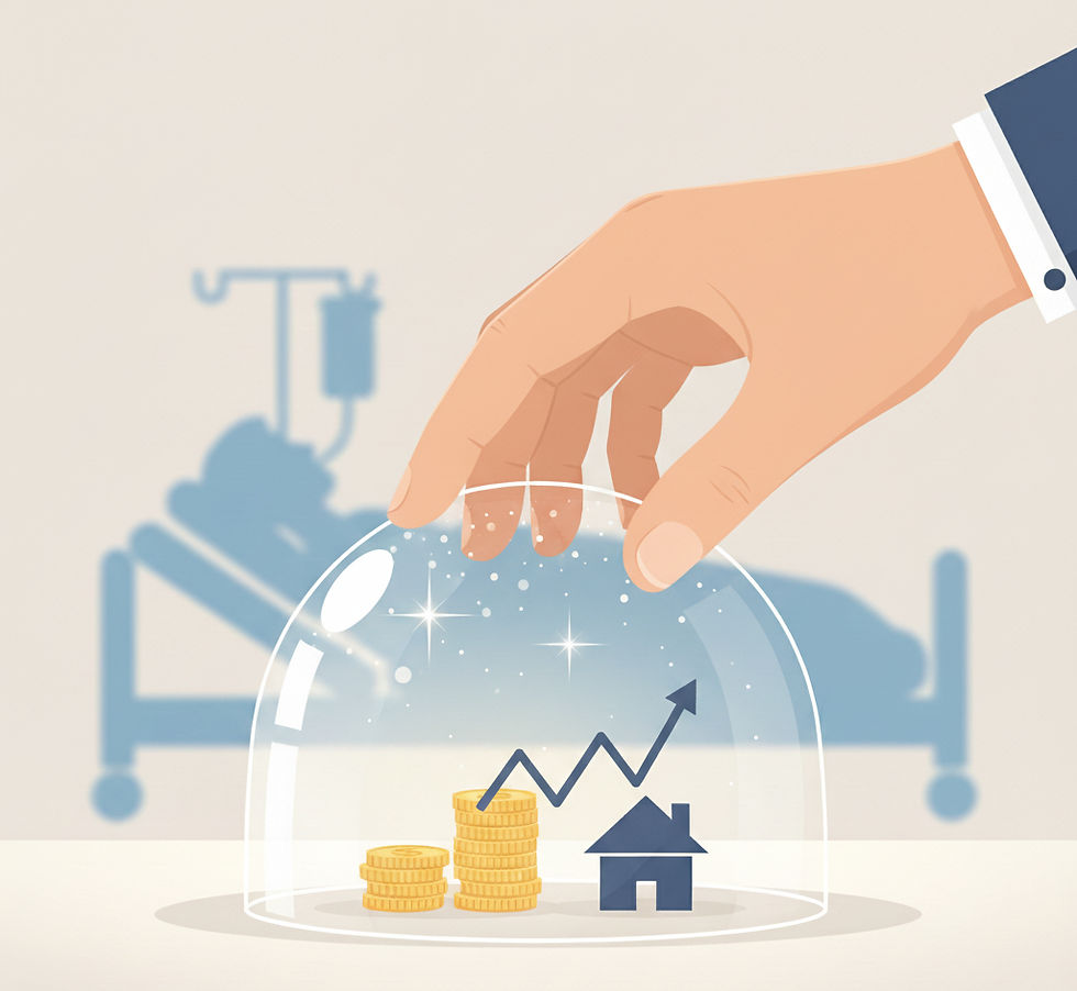 Illustration of a hand placing a protective glass dome over coins and a house, symbolizing financial and health protection through estate planning and Power of Attorney for Personal Care in Ontario.