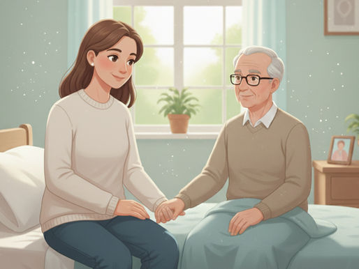 An adult daughter, with brown hair and wearing a white sweater and blue jeans, sits on the edge of a bed holding her elderly father's hand. The father, with white hair and glasses, is covered by a green blanket. They are both smiling gently and looking at each other. The room has a window with light coming through, and a nightstand with a framed photo on it.