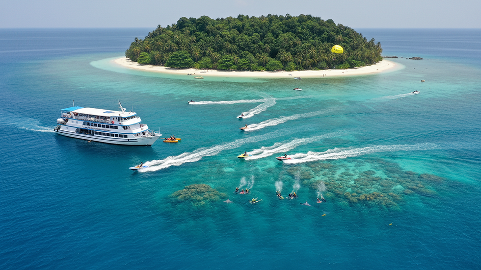 High angle view of a ferry approaching a tropical Andaman island