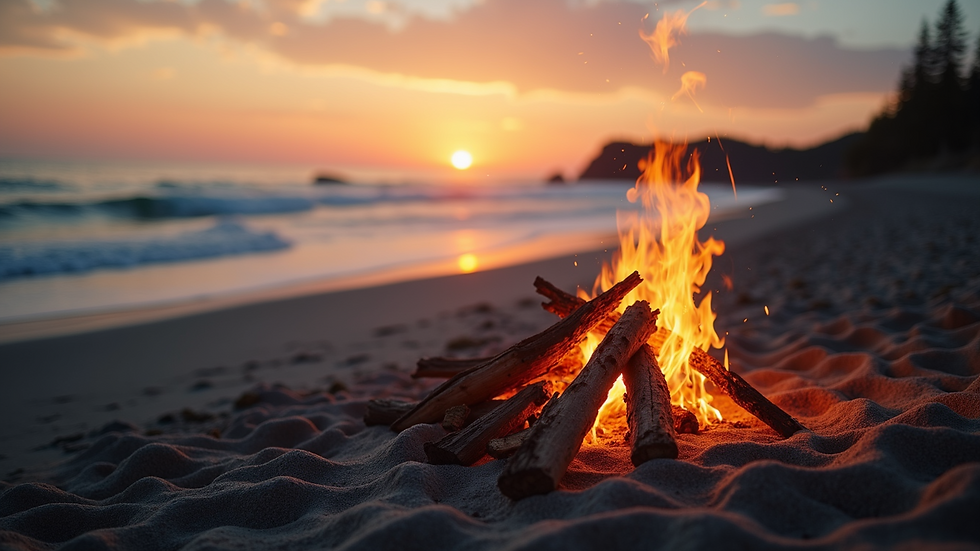 High angle view of a beach bonfire setup on the shore at sunset