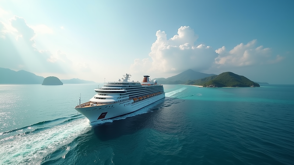 Wide angle view of a luxury cruise ship sailing near Andaman Islands