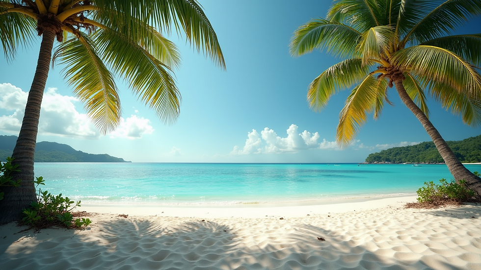Eye-level view of a serene beach with turquoise water and palm trees