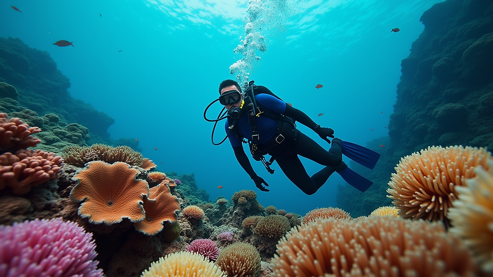Eye-level view of a diver exploring a coral reef