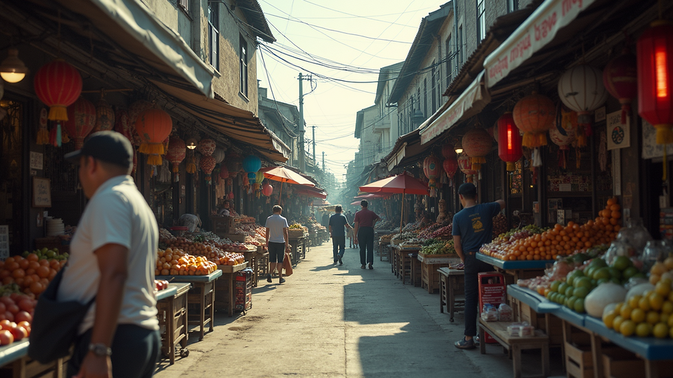Eye-level view of a bustling local market with diverse small businesses