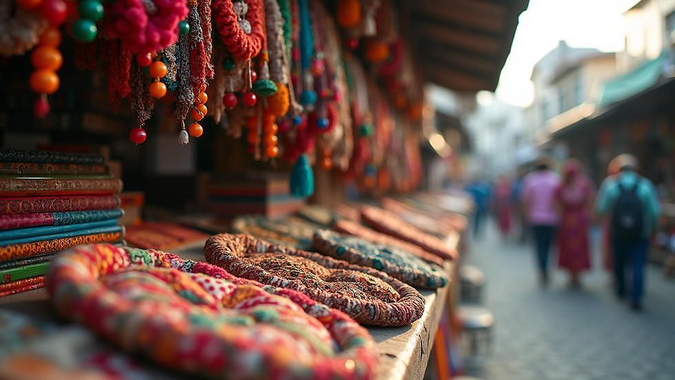 Eye-level view of a colorful local market stall with handmade crafts
