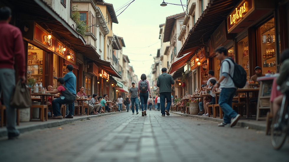 Eye-level view of a vibrant street with small businesses and happy customers