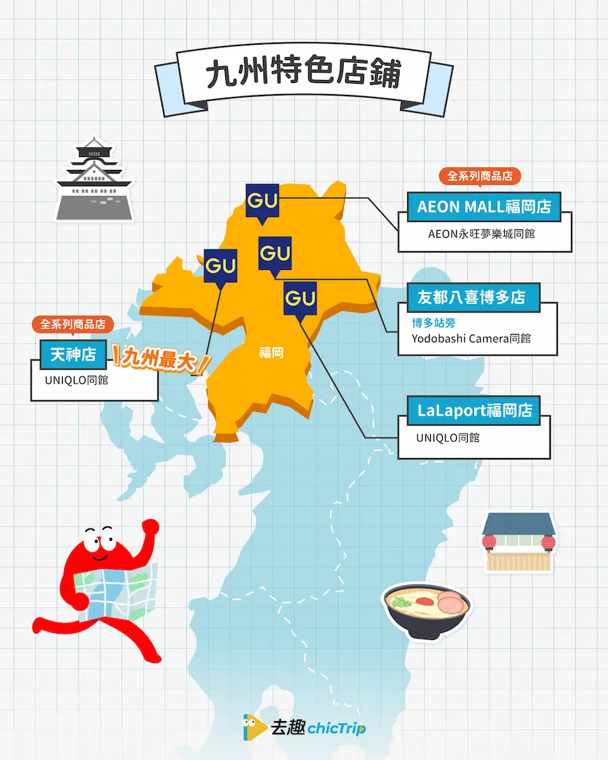 九州 GU 必逛清單地圖：包含福岡天神與博多等 4 間必逛清單