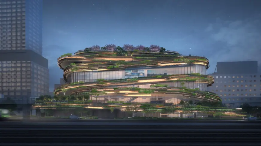 MoN Takanawa 建築由隈研吾操刀，以螺旋結構與自然素材打造，呈現與環境融合的設計語彙。