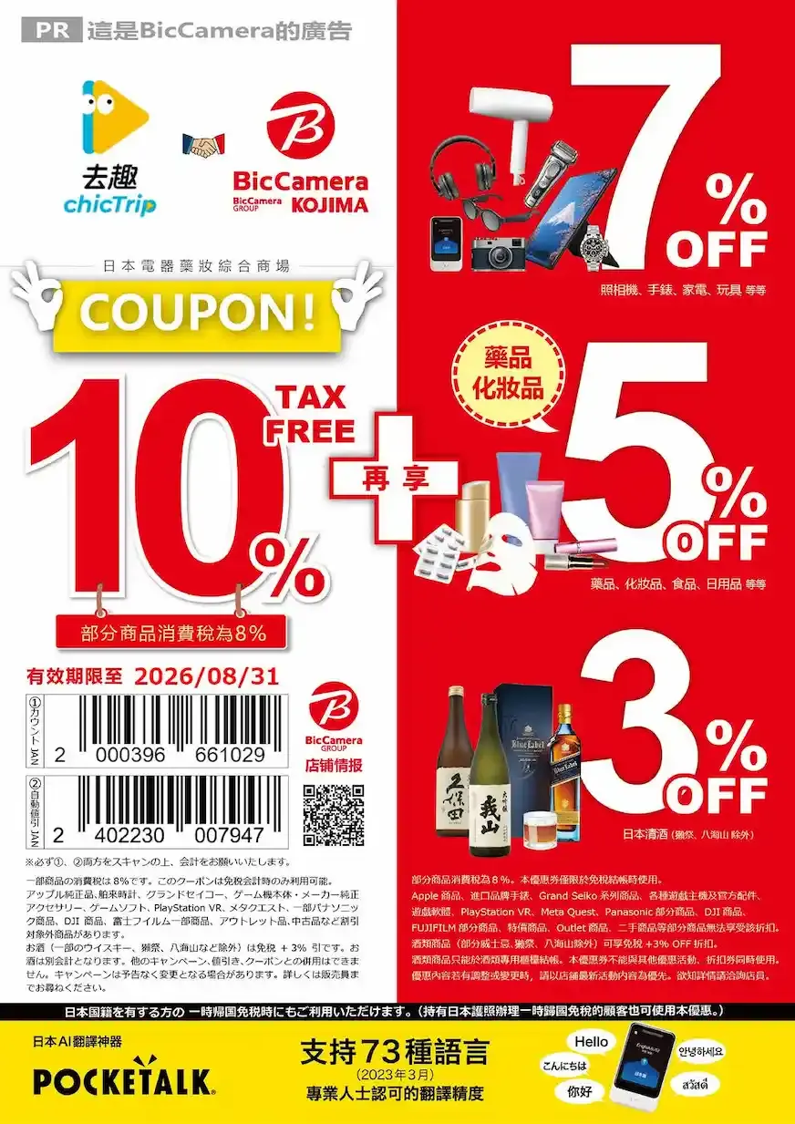 ▲ 「去趣 x Bic Camera」專屬優惠券,最高享免稅 10%+7% 折扣(圖片來源|去趣 APP)