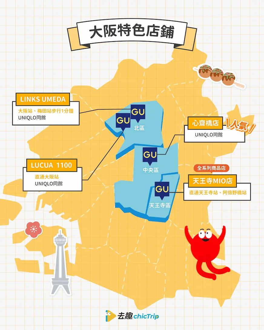 大阪 GU 必逛清單地圖：包含心齋橋與梅田等4間店