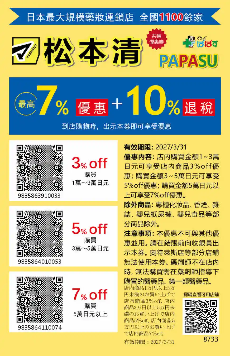 日本松本清與 PAPASU 共通專屬優惠券，有效期限至 2027 年 3 月 31 日