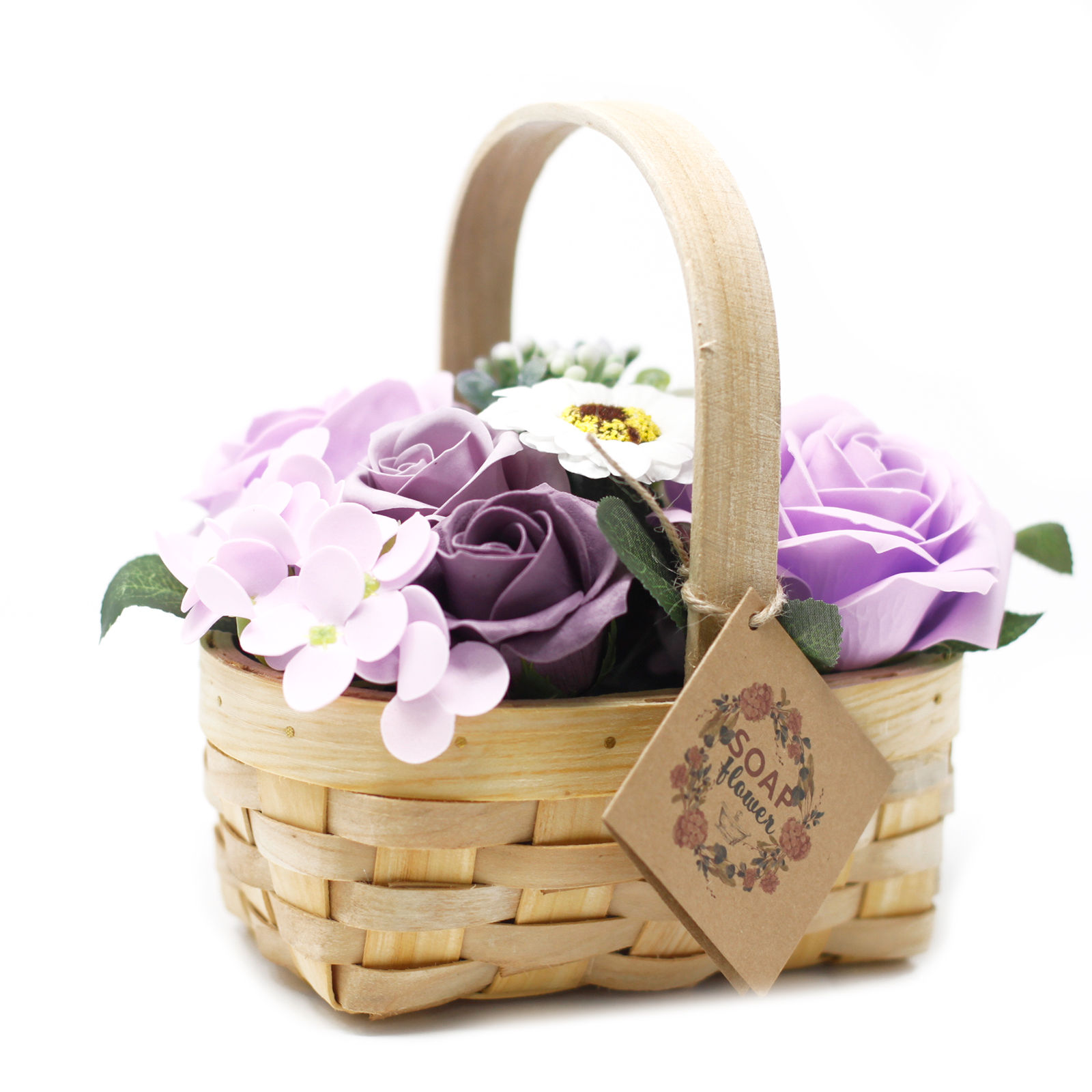 Petit bouquet violet avec son panier en osier