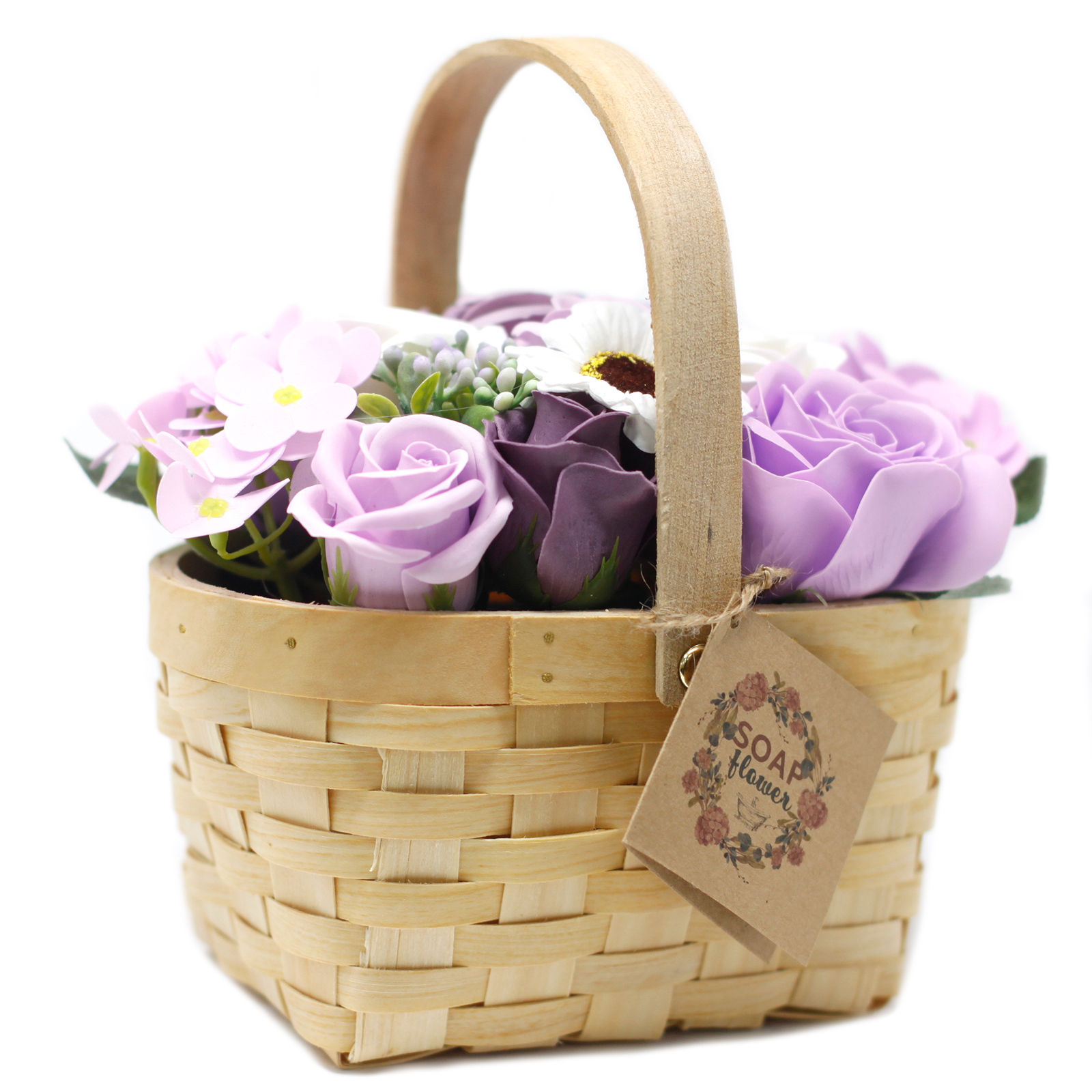 Grand bouquet violet avec son panier en osier