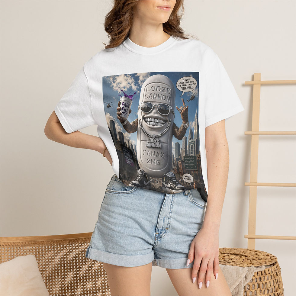 Thumbnail: "Looze Cannon"T-Shirt — PainPill Mascot Cityscape Graphic 