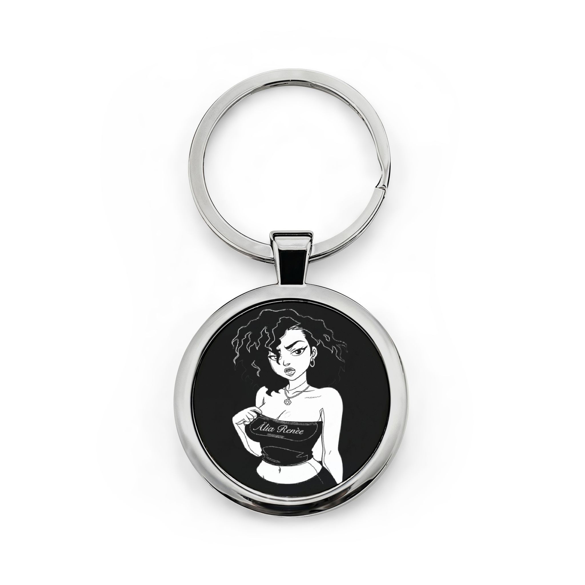 Alia Renee Round Stainless Steel Keychain — Formal Couple Silhouette 