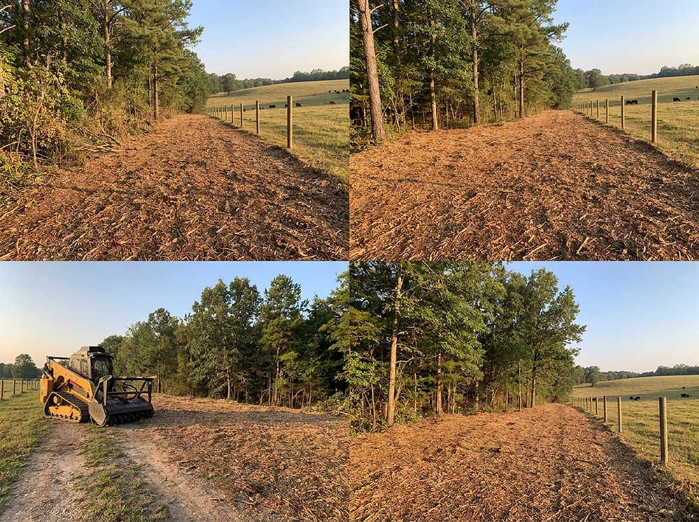 Land clearing path with mulched ground, skid steer