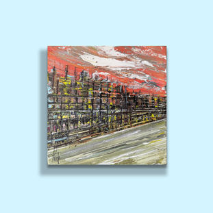 Città in prospettiva veloce. Opera di Pummart acrilico su tela, "Connessione intrinseca".