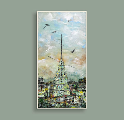 Torre futuristica in acrilico su tela di Pummart, Allegra Graziani. Ritorno al futuro.