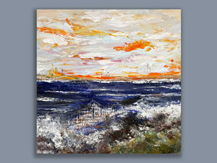 Villetta abbozzata sul mare al tramonto. Quadro di Pummart, acrilico su tela, Albori di Rinascita.