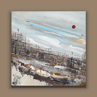 Città obliqua con tecnica caffè. Opera di Pummart, acrilico su tela, Bello ma imperfetto.