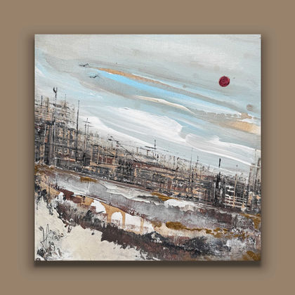 Città obliqua con tecnica caffè. Opera di Pummart, acrilico su tela, Bello ma imperfetto.