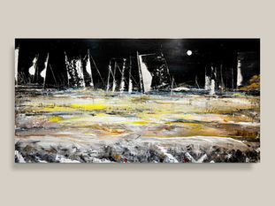 Barche a vela stilizzate in una notte scura. Quadro di Pummart, acrilico su tela, Maestrale.