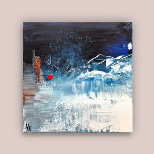 Paesaggio glaciale e notturno con pallino rosso. Quadro di Pummart, acrilico su tela, Distacco.