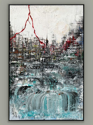 Città industriale distopica su cascata. Opera di Pummart, Allegra Graziani, acrilico su tela. Istinto.