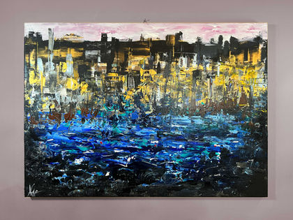 case stilizzate su un lago. Quadro di Pummart, acrilico su tela, Dopo la tempesta.