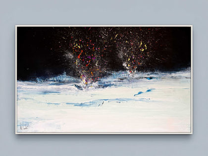 Geyser esplodono di emozioni colorate in una notte stellata. Quadro di Pummart, acrilico su tela, Corazza scalfita.