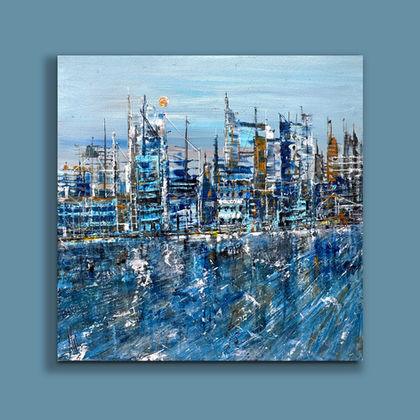 Città con gratteceli riflessa sul ghiaccio. Opera di Pummart, Allegra Graziani. Acrilico su tela. Crepe.