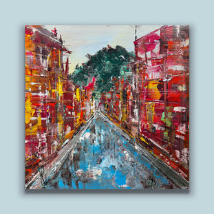 Canale con corrente e case di colori accesi. Acrilico su tela di Pummart Allegra Graziani. Strada maestra.