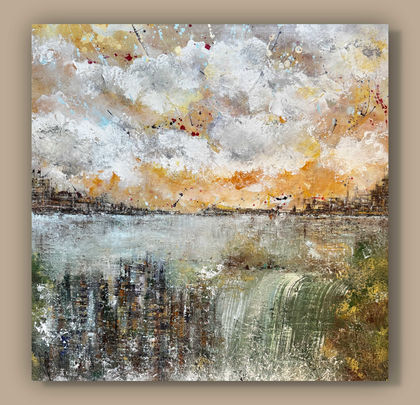 Paesaggio indefinito con acqua, cascata e città. Quadro di Pummart, acrilico su tela, Messa a fuoco.
