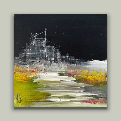 Luogo misterioso nel nulla di notte. Esilio. Paesaggio di Pummart Allegra Graziani, artista contemporanea. Acrilico su tela.
