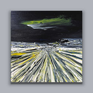 Riproduzione immaginario dell'Islanda con l'aurora boreale. Quadro di Pummart, acrilico su tela, Impulso astrale.