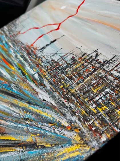 Città in lontananza, linee dinamiche, dettaglio. Quadro di Pummart, acrilico su tela, Impulsi divergenti.
