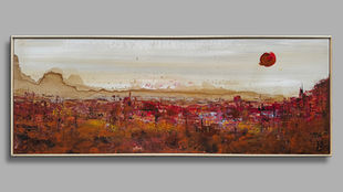 Deserto con caffè e una città rossa in primo piano. Quadro di Pummart, acrilico su tela, Guerra e pace.