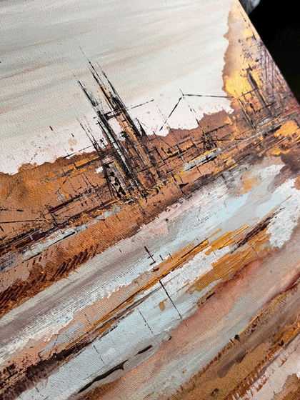 Paesaggio paludoso creato con caffè dettaglio. Quadro di Pummart, acrilico su tela, Conto alla rovescia.