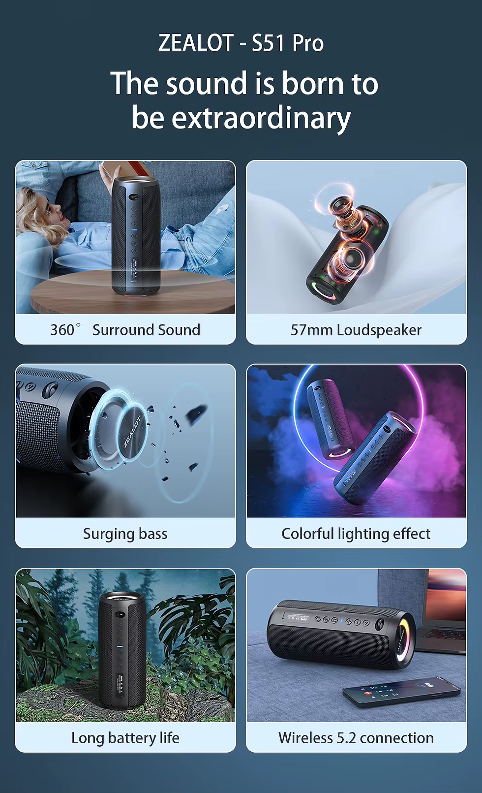 Thumbnail: ZEALOT S51 Pro 40W Wireless Speakers, Outdoor Portable Subwoofer Speaker