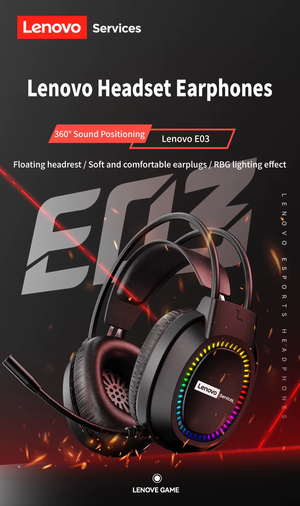 Lenovo Over-Ear Headphones with Microphone, Gaming Headphones, Rgb Lighting